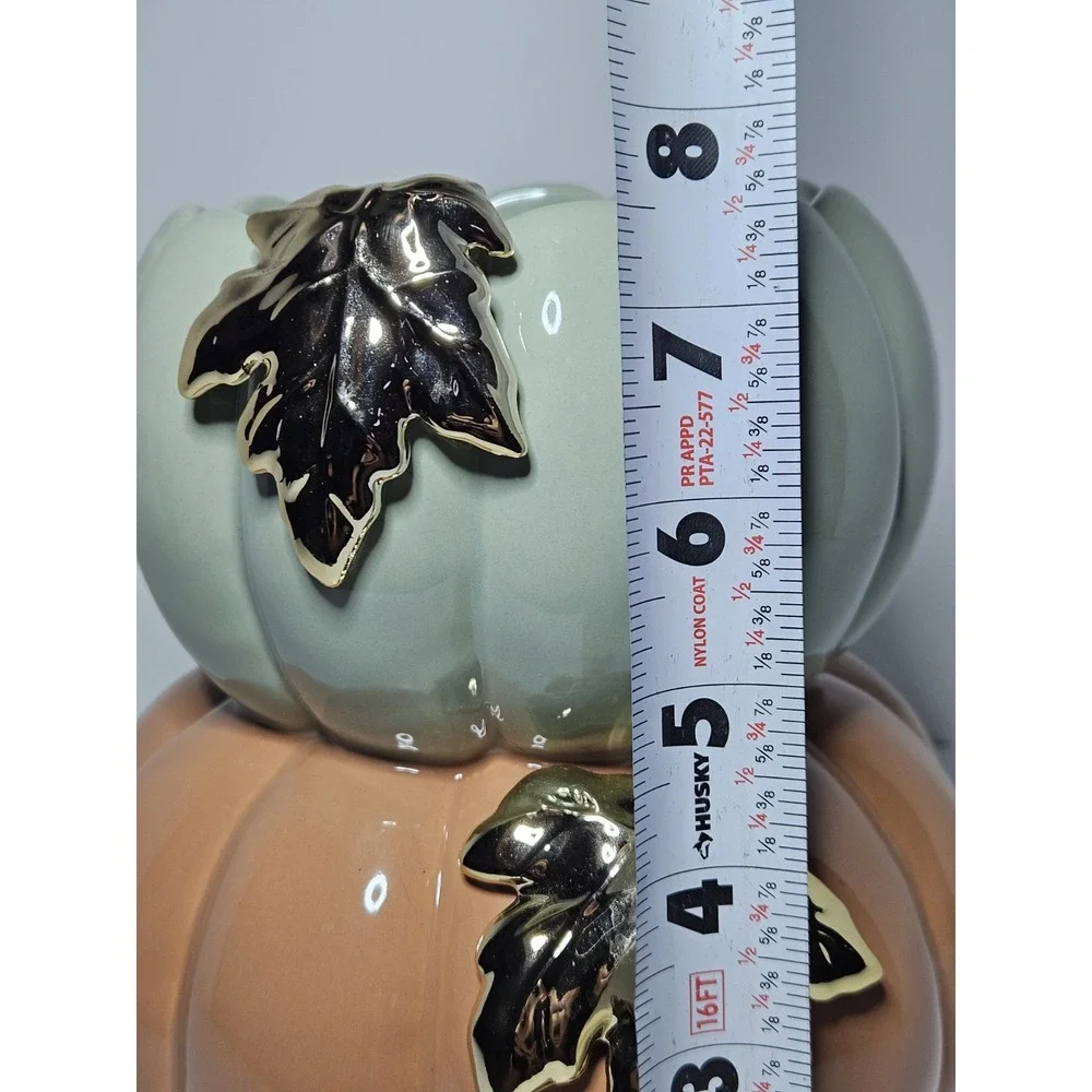 Bath Body Works Stacked Pumpkin 3 Wick Candle Holder Ceramic Gold Leaf Fall 8in